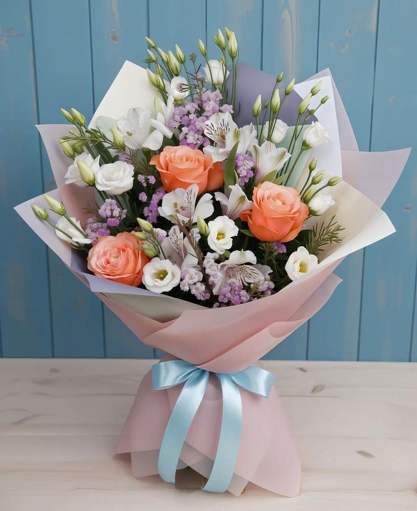 Букет цветов из: Лизиантусы, Розы, Альстромерии и Гипсофила в Камышевской