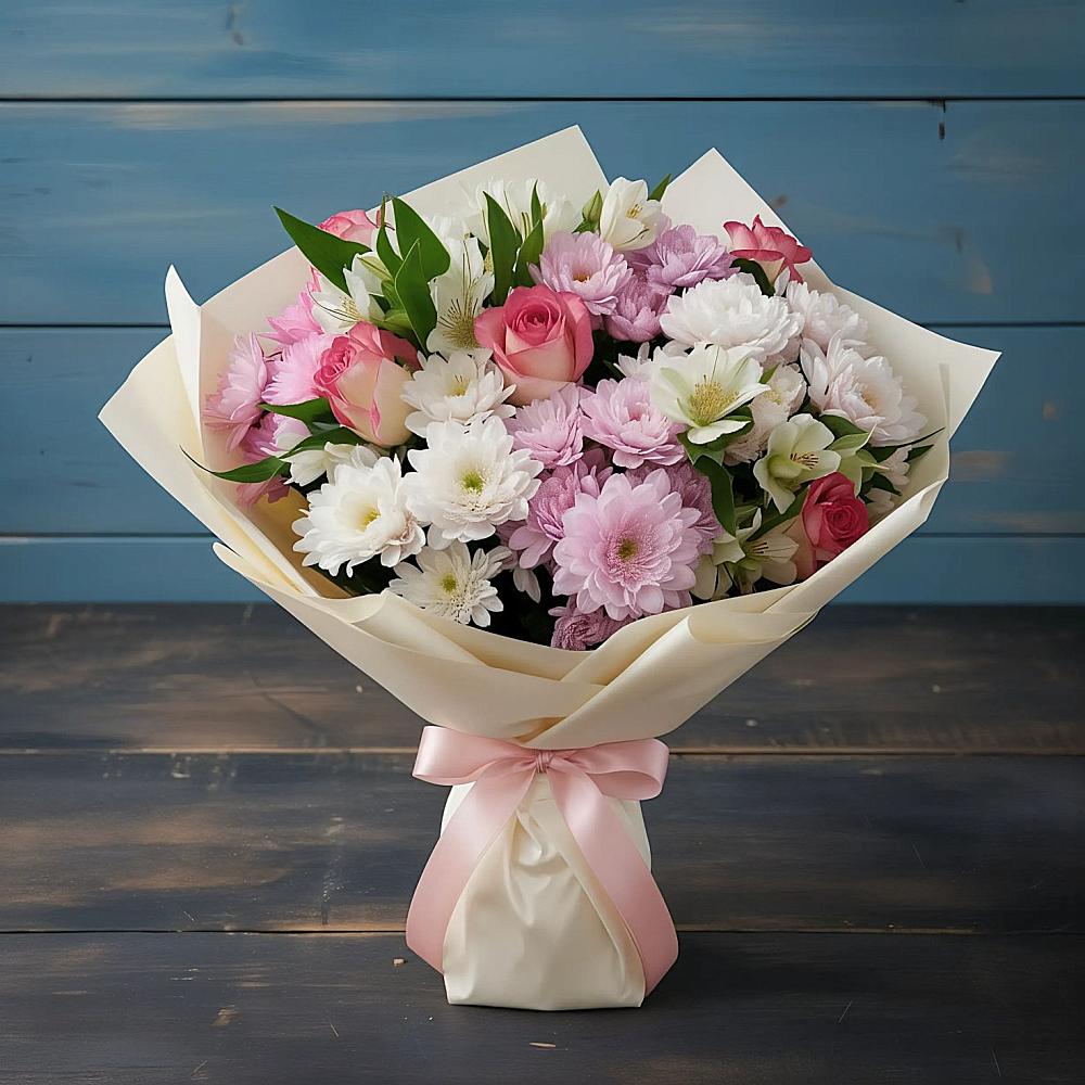 Букет цветов из: Хризантемы, Альстромерии и Розы в Камышевской